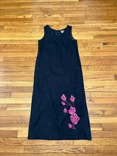 Vintage Dana Kay Black Dress Floral Sequins Women's Size 8 Linen Blend