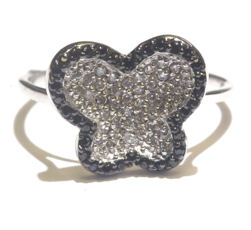 925 Sterling Silver black white cubic zirconia cz butterfly design womens ring 7
