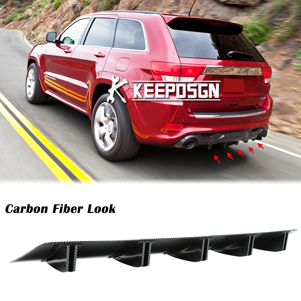 For Jeep Grand Cherokee SRT SRT8 12-16 V2 Shark Fin Rear Bumper Diffuser W/ LED