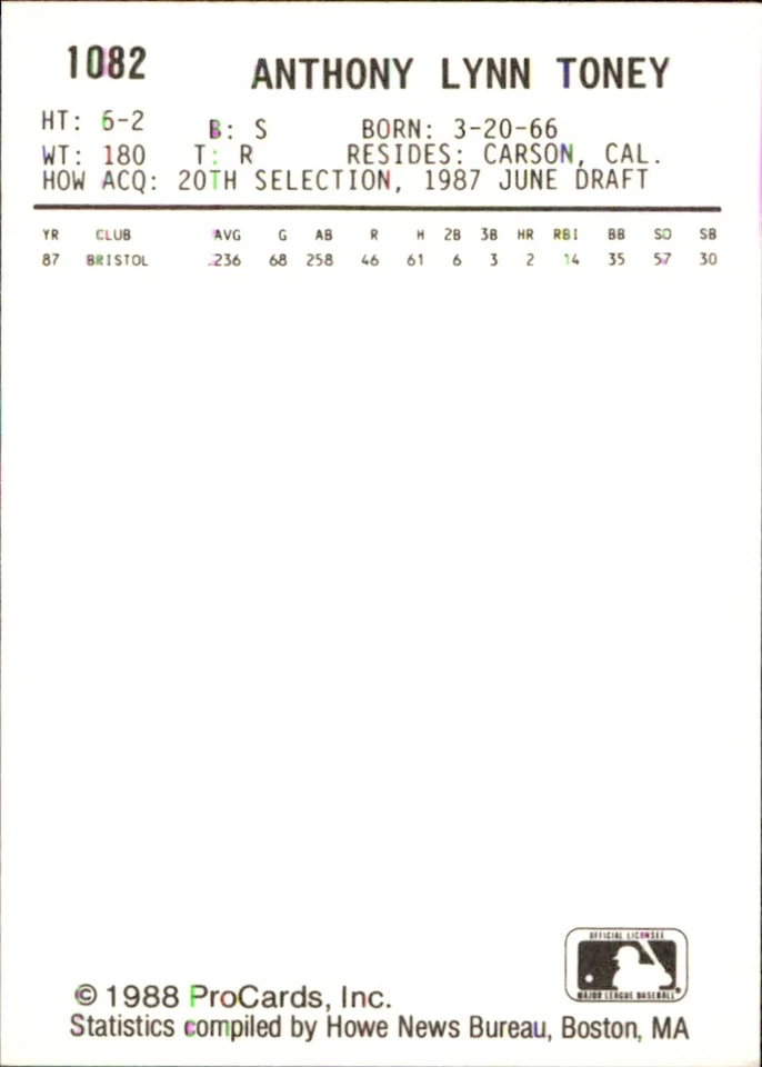 Andy Toney 1988 ProCards #1082 RC Fayetteville Generals *AutographDen* - Image 2 of 2