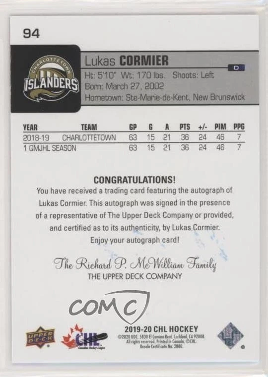 2019-20 Upper Deck CHL Auto Lukas Cormier #94 Auto - Image 2 of 2