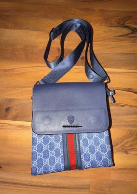 Gucci Herren Umhängetasche Monogramm blau Canvas/Leder, verstellbarer Riemen