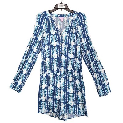 Lilly Pulitzer Elsa Romper Women's M Long Sleeve Indigo Get In Line Blue Beachy