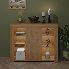 Sideboard Cabinet LED Light Glass Shelves Storage Cupboard Display Unit Oak Wood