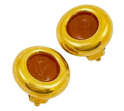 Vintage intaglio gold glass carnelian Roman Centurion designer runway clip on ea