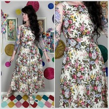 Vintage 1980s Cream Floral Print Sleeveless Cotton Midi Dress | 26"-28" Waist