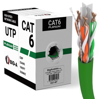 Big A - Cat6 Plenum Cable 1000 Feet CMP Cat 6 Ethernet UTP Network Cord - Green
