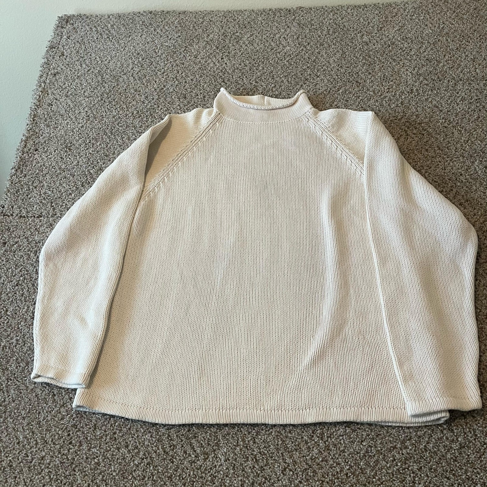 Vintage J Crew Ivory Linen Fisherman Sweater Roll Neck Sz L Oarsmen Style