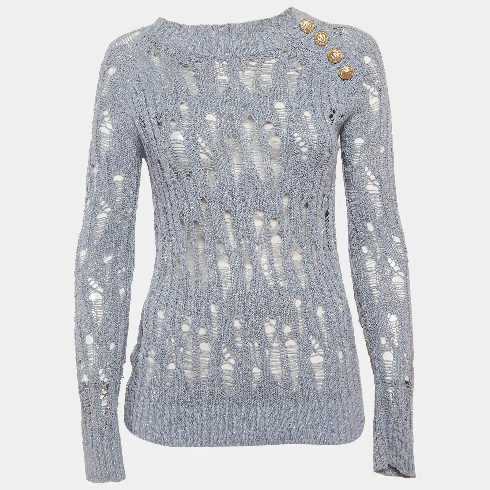 Balmain Blue Lurex Open Knit Sweater S