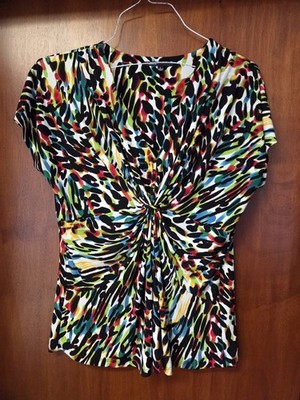 Chaus Multi Color Cinch Front Cap Sleeve Blouse Large
