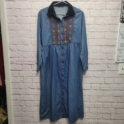 VTG Erika Classics Floral Denim Maxi Dress L Button Down Modest Prairie Cottage