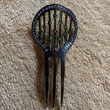 Elegant 1920s Two Tone Celluloid Triple Fork Hair Comb Blue/Green Rhinestones