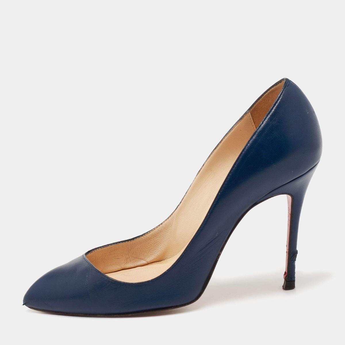 Christian Louboutin ハイヒール ネイビー ゴールド35.5 Christian Louboutin Navy Blue Leather Corneille Pointed Toe Pumps