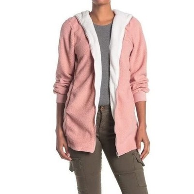 Forgotten Grace Women's Cozy Contrast Hooded Full Zip Teddy Jacket Blush Large