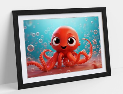 SÜSSER ROTER OKTOPUS MIT BLASEN, PIXAR-STIL - GERAHMTER KUNST POSTER PAPIERDRUCK