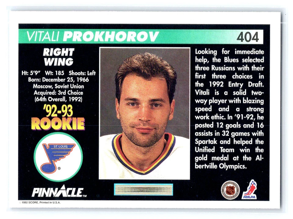 1992 Pinnacle Canadian Hockey #404 Vitali Prokhorov  RC  RookieSt. Louis Blues - Image 2 of 2