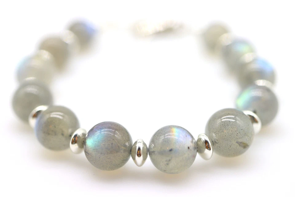 Large 10mm Round Labradorite Beaded Bracelet, Green Blue Yellow Rainbow Flash - Image 3 of 4