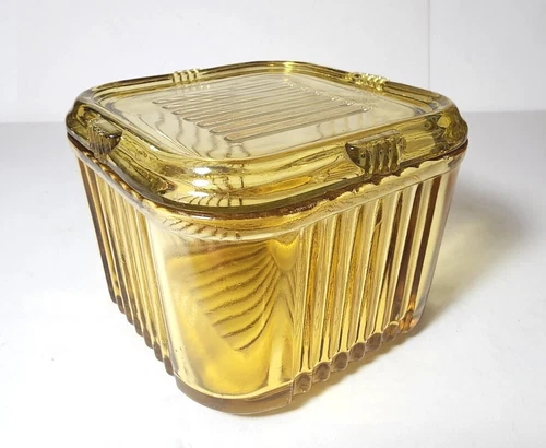 Vintage FEDERAL GLASS Amber Yellow Depression REFRIGERATOR DISH with Lid