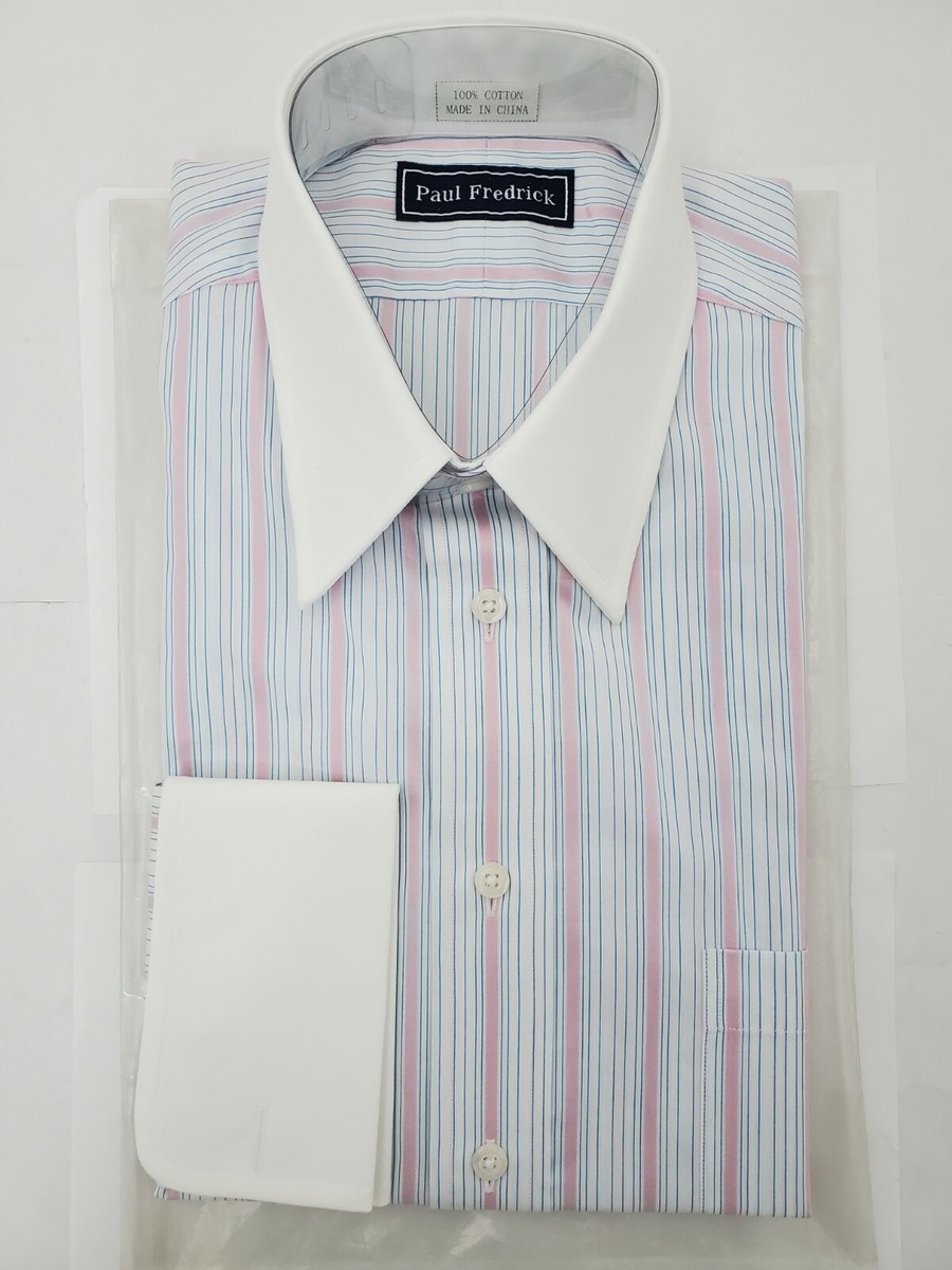 Paul Fredrick Dress Shirt Turquoise Pink Striped Two Ply Paul Fredrick Dress Shirt Turquoise Pink Striped Two Ply
