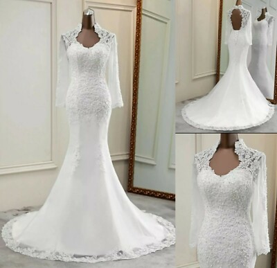 UK weiß/elfenbein Meerjungfrau Spitze Langarm hinten offen Strand Brautkleid Größe 6-18