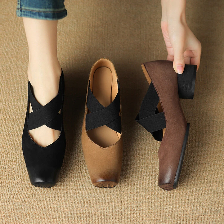 Zapatos de ballet para mujer de cuero real de piel de oveja punta cuadrada correa cruzada tacón medio bloque Foto 2 de 4
