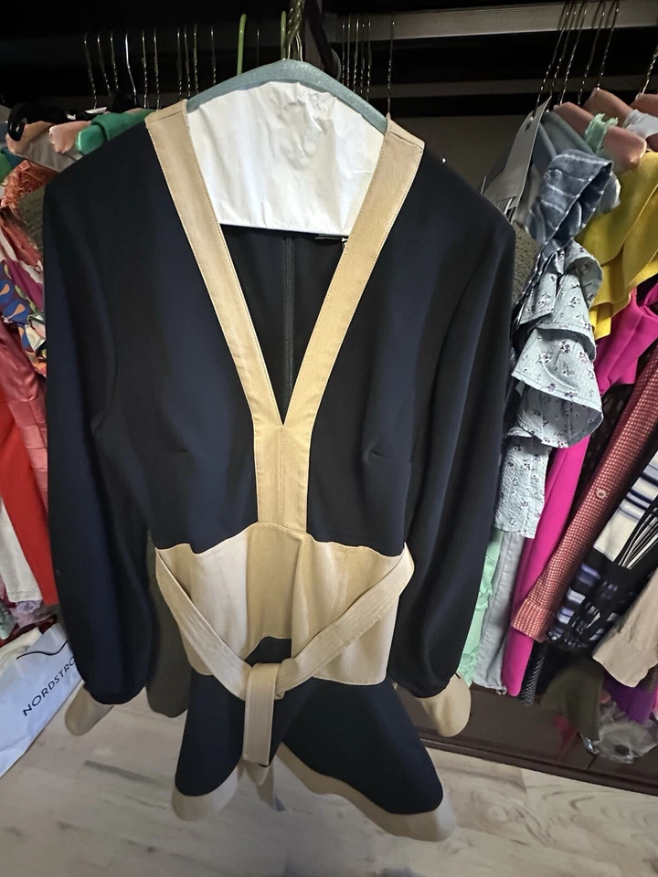 Alexis подпоясанный воздушный шар длинным рукавом мини-платье в черный / желтовато-коричневый Colorblock EUC - Изображение 4 из 4