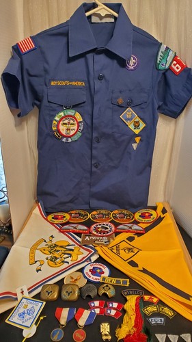 Lot of 34 Vintage Cub/Boy Scouts Lots of Patches, pens, hankies, Shirt misc