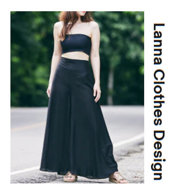 Lanna Clothes Design Black Rayon Wide Leg Palazzo Pants Hippie