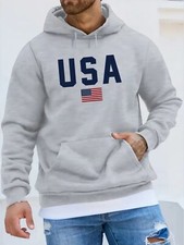  New Gray USA American Flag Patriotic Hoodie Pullover Sweatshirt W/Pockets S:XL