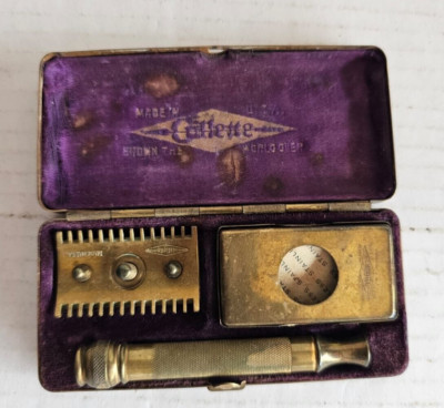 Antique Gillete Gold Tone Stainless Steel Safety Razor with Original Case USA