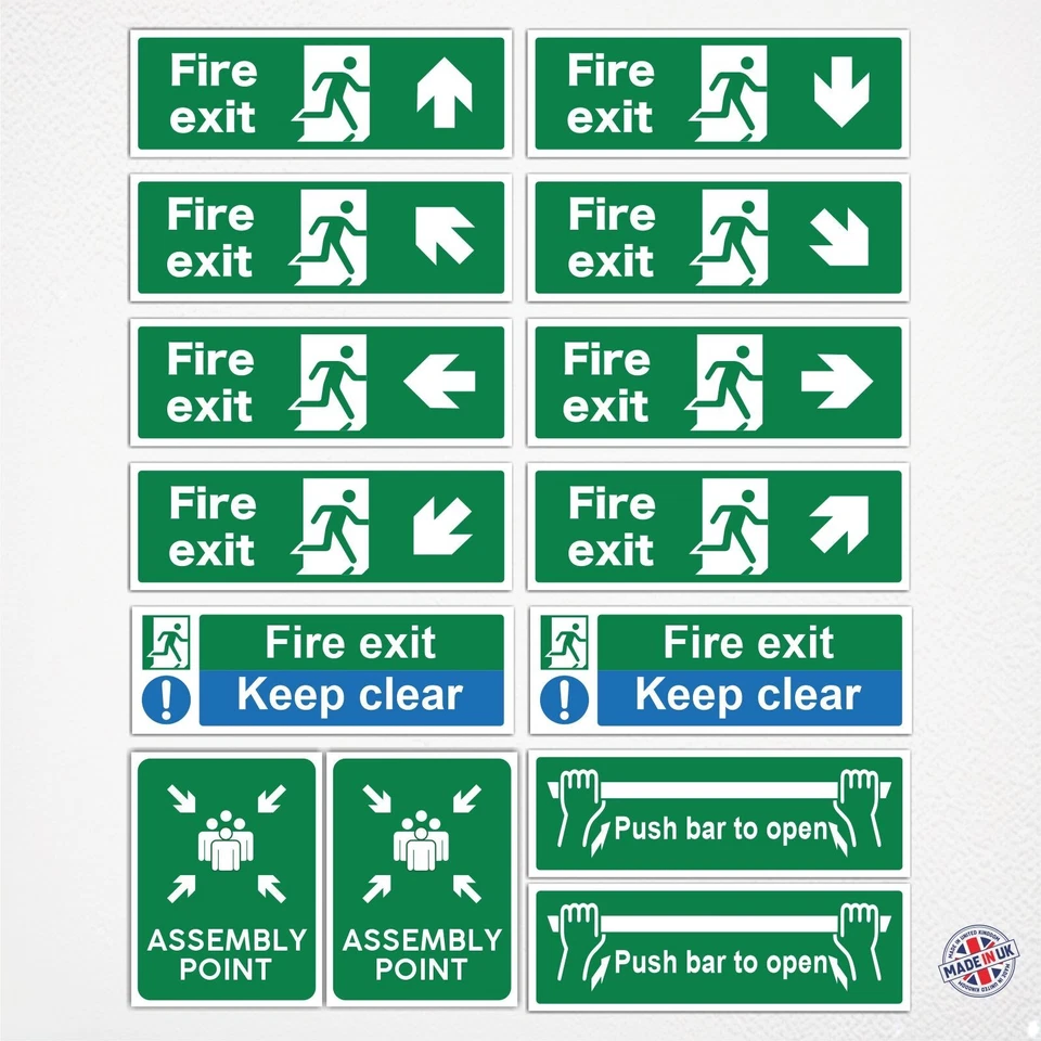 SEZ DESIGN Set of 14 Fire Exit Vinyl Sign Stickers - Emergency Exit, Keep Clear, Push Bar