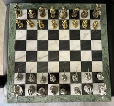 Green Marble Chess Game : Board S16 “ × 16 “ , With Spoontiques Pewter Pieces.