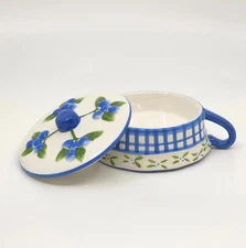 Hand Painted Ceramic Covered Dish with Handle – Blue Checkered & Floral Design