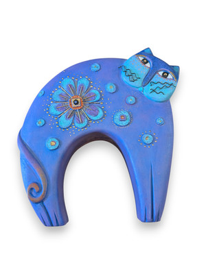 Vintage 90s Laurel Burch Flowering Feline Blue Arched Cat Figure Large 10''