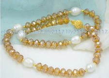 18" Fashion 5x8mm Faceted Citrine Yellow Crystal Natural White Pearl Necklace