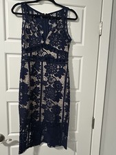 Soieblu Navy Blue Lace Sheath Dress M V-Neck Sleeveless Floral Party Formal