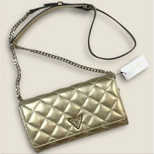 Guess Glimmer Flap Gold Quilted Wallet on Chain - New with Tags