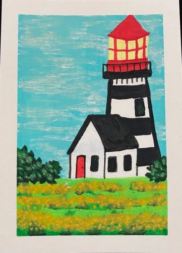ACEO Original Lighthouse Flowers Sky Landscape Miniature Painting OneCraftyLady