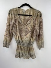 Cache Small Top Blouse Tan Snake Print Animal Tassel Ruched Waist A56-06