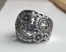 Sterling Silver 925 Openwork Flower Motif Dome Wide Band Ring Size 6.5