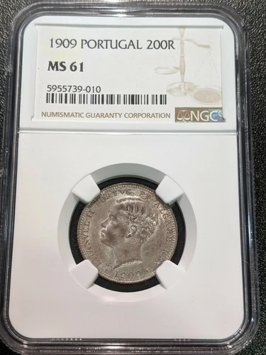 1909 MS61 Portugal Silver 200 Reis KM 549 NGC UNC One Year Type! 