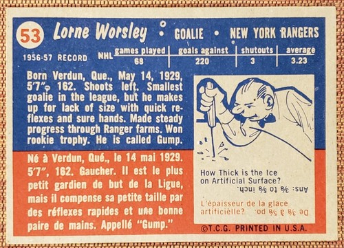 1957 Topps #53 Gump Worsley New York Rangers Vintage Original Hockey Card - Picture 6 of 7