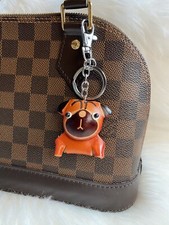 Bulldog Bag Charm Keychain Clip To Purse Brown Leather New Handmade