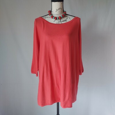 Garnet Hill Silk Cotton Knit Tunic Top Drop Shoulder Scoop Neck Red-Orange Sz.M