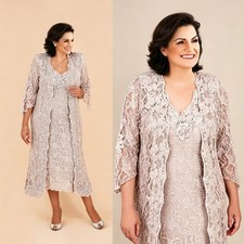 Lace V-Neck Tea Mother Of The Bride Dress With Jacket Length Wedding Party Gowns
