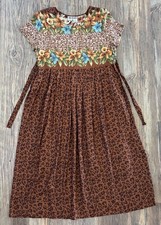 Vtg Coco Bianco S/S Maxi Dress 8 Brown Leopard Print Floral Hawaiian Tie Waist