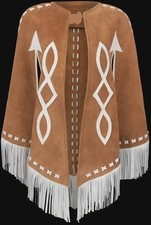 Women's White& Brown Suede Leather Dress With Fringes