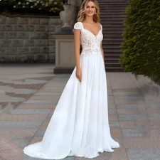 Boho Lace Chiffon V-Neck Wedding Dresses Backless  Beach Cap Sleeve Sweep Train