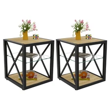 Set of 2 Modern Industrial End Tables - Glass & Wood Nightstands