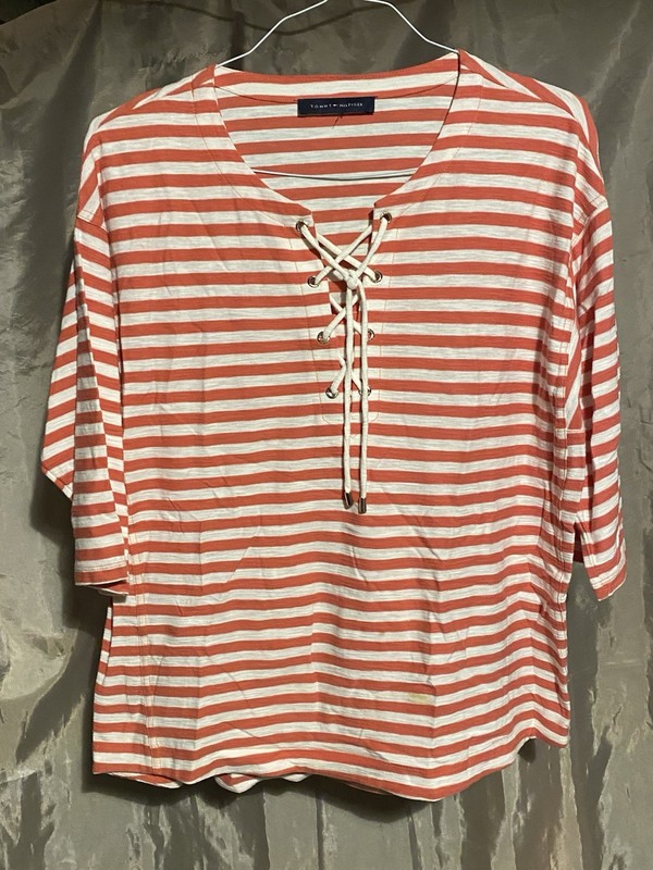 Tommy Hilfinger Orange White Striped Laced Up Shirt Size Large Spot  Cleaner XL